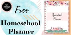 the free homeschool planner is on display in front of a pink and blue background