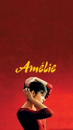 a woman in a red dress with her hands on her head and the words amelie above her head