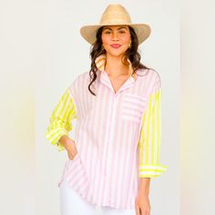 Sz - Xxl (Runs A Little Small) Pink And Golden Yellow In Color Nwt Full Button Front Color Block, Striped Striped Shirt For Spring And Summer, Yellow Long Sleeve Vacation Shirt, Yellow Beach Top With Buttons, Yellow Spring Beach Shirt, Yellow Button-up Blouse For Vacation, Yellow Long Sleeve Shirt For Day Out, Yellow Button-up Vacation Tops, Yellow Vacation Top With Button Closure, Yellow Buttoned Vacation Top