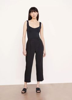 Tapered Pull-On Pant in Trousers | Vince Solid Cropped Leg Work Pants, Solid Color Cropped Leg Work Pants, Solid Cropped Workwear Pants, Versatile Cropped Leg Business Casual Pants, Versatile Cropped Leg Pants For Business Casual, Solid Color Cropped Pants For Workwear, Solid Cropped Pants For Work, Chic Cropped Leg Pull-on Pants, Workwear Cropped Leg Pull-on Pants