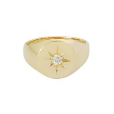 "This traditional Signet style ring is composed of 14K solid gold & uniquely complemented with a genuine GVs1 quality round brilliant cut natural real Diamond in a star setting. This ring is the perfect unique addition to your ring collection! NOTE: This design can be made with any precious gemstone desired. Please contact us for pricing and availability. ♦ Ring Dimensions: approximately 9.5mm (outer diameter to widest portion) - 2.3mm (height of tapered end of inner band) ♦ Band Thickness: Classic Yellow Gold Star-shaped Diamond Ring, Heirloom Yellow Gold Diamond Ring Tarnish Resistant, Classic Star-shaped Formal Jewelry, Celestial Style Diamond Signet Ring In Yellow Gold, Celestial Style Diamond Ring With Single Round Diamond, Celestial Style Round Diamond Ring With Single Diamond, Celestial 14k Gold Diamond Ring With Round Cut, Classic Star-shaped Jewelry With Single Diamond, Celestial Yellow Gold Jewelry With Round Cut