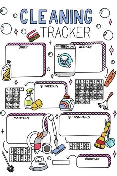 the cleaning tracker is shown in this hand - drawn doon style drawing, with various items