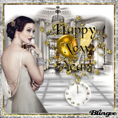 a happy new year card with a woman in a white dress