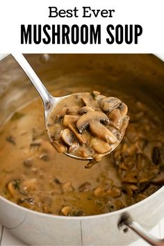 a spoon full of mushroom soup on top of a stove with the words best ever mushroom soup