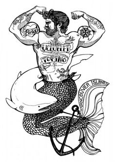 an ink drawing of a man with tattoos on his chest and arms holding a fish