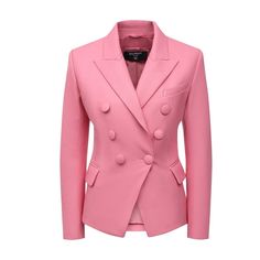 Double-breasted blazer in a slick leather construction.Rose pink leatherPeak lapelsDouble-breasted button fasteningTwo side flap pocketsChest welt pocketLong sleevesComposition: Lambskin 100%Lining: 52% viscose, 48% cotton Stylish Blazers, Lambskin Leather Blazer, Balmain Blazer, Leather Blazer Jacket, Breasted Blazer, Double Breasted Blazer, Leather Blazer, Work Outfits, Double Breasted Suit Jacket