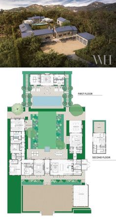 an aerial view of the house and its surrounding area, with floor plans for each room