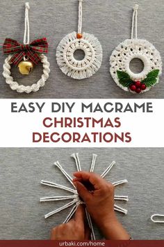 christmas decorations made out of yarn with the text easy diy macrame christmas decorations