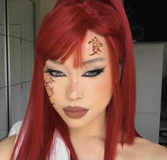 Ninja Makeup, Red Hair Cosplay, Red Hair Costume, Gaara Cosplay, Red Hair Halloween, Red Hair Halloween Costumes, Red Hair Makeup, Khol Eyeliner, Anime Eye Makeup