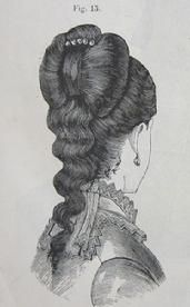 1879 Godey's Lady's Book Comb the front hair simply back, the ends, which must be waved, falling on to the shoulder. Above this fall of hair the back hair is combed upward and arranged in a butterfly bow, fastened with an ornamental comb. The Barrington House Educational Center, L.L.C. 1870s Hair, 19th Century Hair, Hms Pinafore, Vintage Hairstyles For Long Hair, Victorian Hair, Small Curls