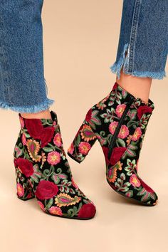 Women's Ankle Boots, Booties, High Heel & Knee High Boots. Mia Boots, Womens Black Booties, Floral Boots, Embroidered Boots, Mia Shoes, Black Ankle Booties, Boots Ankle, Black Booties, Cute Shoes