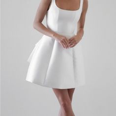 Nwt White Satin Dress Chic A-line Mini Dress For Wedding, White Fit And Flare Mini Dress For Evening, Elegant Fit And Flare Mini Dress For Brunch, White Satin A-line Midi Dress, White Satin Mini Dress With V-neck, White Satin V-neck Robe, White Camisole Mini Dress With Built-in Bra, White A-line Mini Dress With Button Closure, White Satin Dress