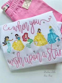 When you wish upon a star princess shirt - Darling Little Bow Shop Disney Princess Embroidered Birthday Shirt, Princess Applique Designs, Disney Applique Shirts, Disney Shirt Embroidery, Disney Monogram Shirts, Princess Squad Goals Shirt, Disney Embroidery Designs Shirts, Princess Shirt Ideas, Disney Princess Embroidery