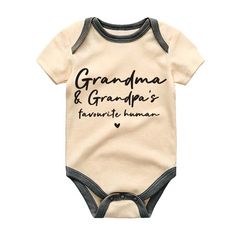 Celebrate the special bond between your little one and their loving grandparents with this adorable "Grandma and Grandpa's Favorite Human" baby bodysuit. Made from super-soft, high-quality cotton, this bodysuit ensures all-day comfort for your baby while keeping them looking cute and stylish. Perfect for family gatherings, photos, or everyday wear, it makes a thoughtful gift for new parents, baby showers, or any occasion that calls for a smile. Easy to put on and take off with its snap closures, this bodysuit is as practical as it is charming. Available in various sizes to fit your growing bundle of joy! ✅ PRINTING TECHNOLOGY: Direct to Garment printing, full-color digital printing, bright colors, realistic patterns, never fade, and soft to touch. ✅ GRANDPA AND GRANDMA’S FAVORITE: Stretcha Fitted Short Sleeve Onesie For Family Matching, Family Matching Birthday Bodysuit With Letter Print, Casual Short Sleeve Onesie As A Gift, Short Sleeve Bodysuit With Letter Print For Gift, Casual Letter Print Onesie As Gift, Casual Short Sleeve Onesie As Gift, Casual Birthday Bodysuit With Letter Print, Funny Short Sleeve Bodysuit For Birthday, Fitted Onesie For Summer Gift