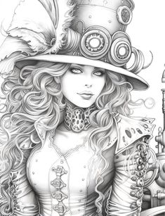 a drawing of a woman wearing a top hat with steampunks on it