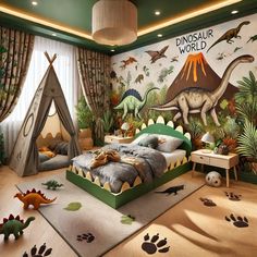 a child's bedroom decorated in dinosaur theme