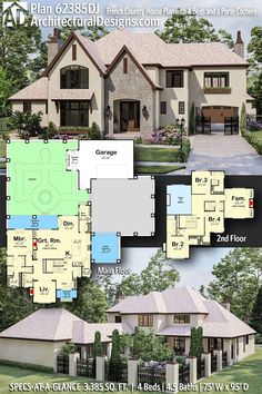 two story house plan with three car garages and attached porches on each floor