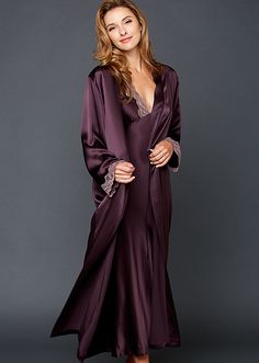 Luxurious silk nightgown, Le Tresor Silk Contrast Lace Nightgown | Julianna Rae Elegant Night Robe With V-neck, Elegant Satin Finish Sleepwear For Night, Elegant Satin Sleepwear For Night, Elegant Modal Satin Nightgown, Silk V-neck Gown For Wedding Night, Elegant Silk Night Robe, Elegant Evening Floor-length Nightgown, Elegant Floor-length Evening Nightgown, Elegant Long Sleeve Nightgown