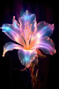 a close up of a flower on a black background with blue and pink lights in the center