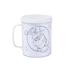 a white coffee mug with an image of dr seuss on the side and stars around it