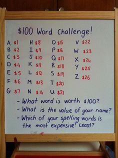 a whiteboard with words written on it in front of a wooden easer that says $ 100 word challenge