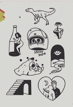 various stickers on the back of a white sheet with black and white images in it