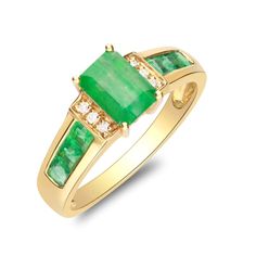 Gin & Grace These Natural Emeralds set within a highly polished setting exemplify taste and elegance, with deep, rich color in a classic square cut. Offset with 6 white round-cut diamonds and 6 princess-cut emerald side stones inside channels, the prong-set center emerald measures a full 1/2 carat for a ring you can be proud to display. Gemstone colors: Green Gemstone shapes: Emerald One prong-set Emerald-cut Zambian emerald measures 5 mm wide x 7 mm long Gemstone weight: 1.0 carat Six channel-set princess-cut Natural emeralds each measure 2.5 mm wide x 2.5 mm long Gemstone weight: 0.50 carat Total gemstone weight: 1.50 carats Diamonds: Six Diamond cut: Round Diamond measurements: 1 mm Diamond weight: 0.04 carat Color: G-H Clarity: I1-I2 Setting: Prong Metal: 10k yellow gold Finish: High p Luxury Emerald Ring With Diamond Channel Set, Luxury Emerald Diamond Ring With Channel Set, Luxury Formal Emerald Ring With Channel Set, Rectangular Emerald Ring With Brilliant Cut Diamond, Luxury Channel Set Emerald Ring For Formal Occasions, Luxury Green Channel Set Rings, Luxury Emerald Rings Channel Set, Luxury Emerald Rings With Channel Set, Luxury Diamond Ring With Emerald Accent Stones