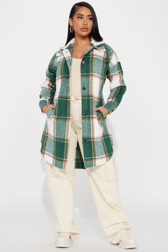 Available In Green/combo. Shacket Long Hooded Pockets Button Closure Shirt Jacket Disclaimer: Plaid Placement Will Vary. Self: 50% Acrylic 45% Polyester 3% Rayon 2% Nylon Contrast: 100% Polyester Imported | Veronica Hooded Plaid Shacket in Green size XL by Fashion Nova Hooded Outerwear With Button Closure For Fall, Cold Weather Button-up Shacket With Pockets, Hooded Fall Shacket With Pockets, Trendy Long Sleeve Shacket With Flap Pockets, Trendy Winter Utility Jacket With Button Closure, Green Button-up Outerwear With Flap Pockets, Green Collared Fall Outerwear, Green Utility Jacket With Pockets For Fall, Green Collared Outerwear For Fall