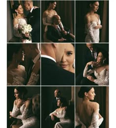 a collage of photos showing the bride and groom