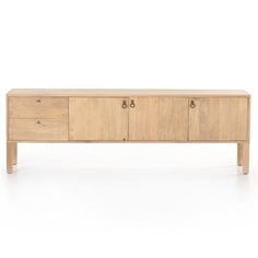 the sideboard is made from wood and has two drawers on each side, one door open