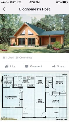 the floor plan for a log cabin with two bedroom and living quarters on each side