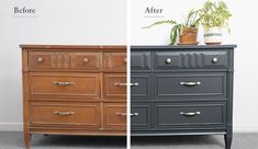 before and after photos of an old dresser turned into a sideboard with plants on top