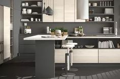 a modern kitchen with white cabinets and gray flooring