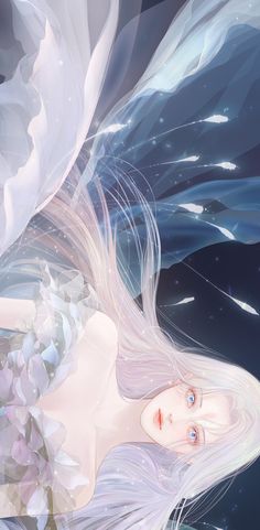 a woman with long white hair and flowers in her hands is floating through the air