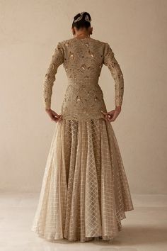 Buy Beige Jacket Silk Organza Embroidered Palm Metallic And Skirt Set For Women by VARUN NIDHIKA Online at Aza Fashions. Organza Jacket, Palm Pattern, Lavender Tops, Pattern Jacket, Anarkali Gown, Beige Jacket, Chaniya Choli, Silk Organza, Embroidered Jacket