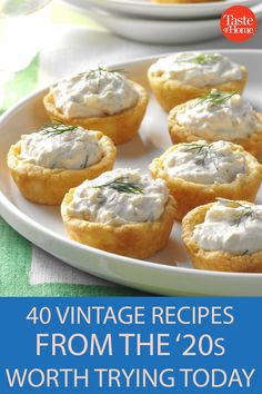 small appetizers on a plate with text overlay reading 40 vintage recipes from the'20s worth trying today