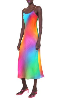 Multicolor Summer Slip Dress, Fitted Multicolor Slip Dress, Fitted Multicolor Silk Dress, Summer Silk Satin Dress With Bias Cut, Multicolor Silk Dress, Vibrant Silk Summer Dress, Fitted Multicolor Slip Dress For Spring, Multicolor Silk Summer Evening Dress, Multicolor Silk Dress For Summer Evenings