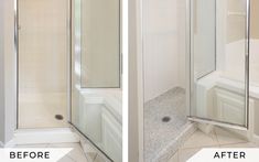 before and after shots of a bathroom remodel with shower doors open to reveal the same bathtub