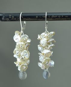 A personal favorite from my Etsy shop https://www.etsy.com/listing/225490435/keshi-pearl-and-faceted-labradorite Keshi Pearl Earrings, Pearl Earrings Designs, Briolette Earrings, Pearl Jewelry Design, 2 Earrings, Earring Wires, Jewelry Design Earrings, Keshi Pearls, Earring Patterns