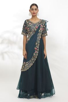 Blue organza dola padded blouse with multi-colored resham flowers, zardosi and aari embroidery. Comes with an organza lehenga and a detachable drape. - Aza Fashions Fitted Tissue Silk Anarkali Set With Floral Embroidery, Traditional Drape Gown With Multicolor Embroidery And Zari Work, Festive Floral Embroidered Gown For Reception, Designer Art Silk Gown With Dori Work, Anarkali Dress With Floral Embroidery In Art Silk, Anarkali Art Silk Dress With Floral Embroidery, Silk Anarkali Set With Floral Embroidery For Party, Anarkali Silk Dress With Floral Embroidery, Bollywood Style Gown With Floral Embroidery In Art Silk