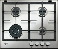 a stainless steel gas stove with four burners and knobs on the front side