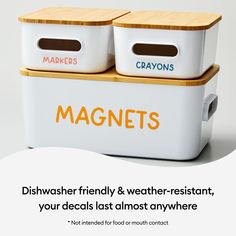 two white storage containers with magnets on the top and words that read, dishwasher friendly & weather resistant, your decals last almost anywhere