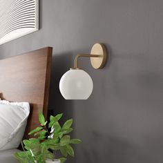 a bed room with a plant and a light on the wall above it's headboard