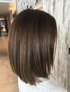 Long Bob Hairstyles Dark Hair, Round Lob Haircut, Dark Long Bob Hairstyles, Side Part Brunette Hair, Brunette Straight Haircut, Balayage Bob Brunette Caramel, Long Bob Dark Hair, Bob Balayage Brunette, Long Bob Highlights