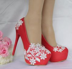 Gender: For WomenStyle: Fashion,KoreanOccasion: Casual,Party/Club,Office/CareerHeel Height: 14cmPlatform Height: 4cmSeason: Spring,Summer,Fall/Autumn,WinterPackage Contents: 1 x Shoes (Pair)Please see our size guide as below, you can choose the size according to your foot length and width.If your foot is a little wide and thick, we suggest you choose 1 size larger.Size Guide:28 = foot length 18.5-19cm (Foot width=6.5-7cm)29 = foot length 19-19.5cm (Foot width=7cm)30 = foot length 19.5-20cm (Foot Embellished Lace Heels For Party, Lace Embellished Heels For Party, Red Rhinestone Wedding Heels, Lace-up Wedding Shoes With Rhinestones For Party, Elegant Lace-up Wedding Shoes With Rhinestones, Fitted Red Wedding Shoes, Red Fitted Wedding Shoes, Flower Wedding Shoes, Wedding Pumps