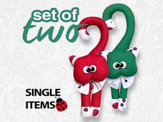 two red and green stuffed animals next to each other with the words set of two