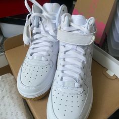 White With Gum Bottoms, Big Kids Size 5.5, Fits Women’s Size 7. New White Ankle-high Synthetic Skate Shoes, Nike Air Force 1 High-top Synthetic Sneakers, White High-top Nike Air Force 1 With Laces, White High-top Nike Air Force 1, White Nike Air Force 1 Mid-top Synthetic, White High-top Nike Air Force 1 With Cushioned Footbed, White Synthetic Nike Air Force 1 Mid-top, White Mid-top Nike Air Force 1 Synthetic, White Synthetic Mid-top Nike Air Force 1