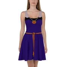 Dress to impress with this sleeveless skater dress! The soft fabric and flared skirt give it an elegant twist that brings out the intricate design with a beautiful vibrancy. * 82% polyester, 18% spandex * Fabric weight: 6.78 oz/yd² (230 g/m weight may vary by 5% * Smooth and elastic fabric * Mid-thigh length flared skirt * Elastic waistline * Overlock seams, coverstitch hemline This product is made especially for you as soon as you place an order, which is why it takes us a bit longer to deliver Purple Fantasy Dress For Costume Party, Purple Fantasy Costume Party Dress, Fantasy Style Purple Dress For Costume Party, Fantasy Dress For Halloween Themed Events, Purple Fantasy Dresses For Fantasy Events, Fitted Disney Halloween Dress, Blue Fantasy Dress For Halloween, Fantasy Blue Dress For Halloween, Blue Fantasy Halloween Dress