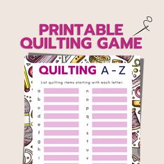 *This is a digital, printable PDF file. No physical products will be shipped to you.* 🧵 Quilting A to Z Game - Digital Printable Game PDF 🧵 Can each quilter in your sewing group come up with a quilting item for each letter of the alphabet? Players compete to fill out the most letters! The player with the most wins the round and the title of quilting queen! This printable game is perfect for quilt retreats, guild meetings and parties, or cozy crafting nights with your friends. This game is designed to add a touch of fun and friendly competition to your quilting community. What's Included: 📄 game worksheet 📄 PDF format for instant digital download 🖨️ Print as many copies as you need for your event (1 game sheet for each player) 👭 Ideal for quilters, quilt guilds, and quilt retreats How Quilt Games For Guilds, Games For Quilters, Quilt Retreat Games, Quilt Games, Quilt Guild Programs, Retreat Activities, Sewing Retreats, Craft Retreat, Fun Fundraisers