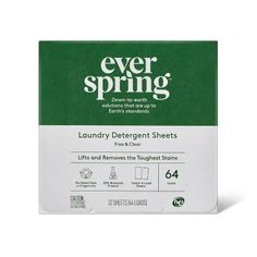 the ever spring laundry detergent sheets are shown in green and white, on a white background